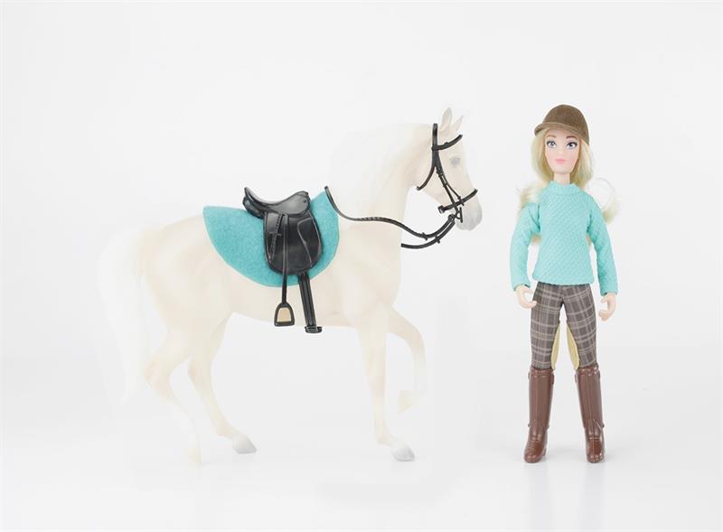 Set includes: 6" Articulated English Rider Doll, Black Faux Leather English Saddle, Black Faux Leather English Bridle with Reins, and turquoise English Saddle Pad.