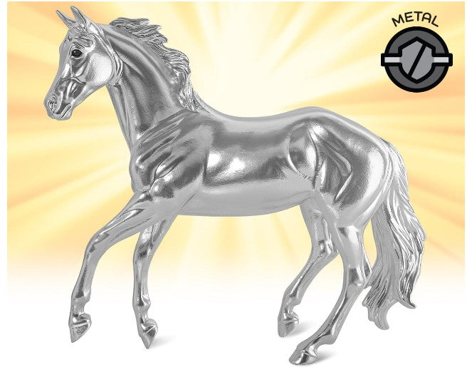 Iridium is a focused stock horse who represents the tough and hard-working metal-type horse. Her glossy, shimmering silver coat represents the second-densest natural metal, iridium.