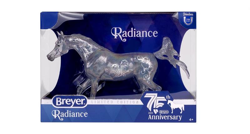 This striking clearware Arabian mare sparkles in an array of prismatic colors and is adorned with a glittering teardrop-shaped rhinestone, fully embodying the sparkle and majesty of the diamond.