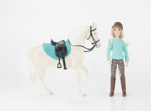 Set includes: 6" Articulated English Rider Doll, Black Faux Leather English Saddle, Black Faux Leather English Bridle with Reins, and turquoise English Saddle Pad.
