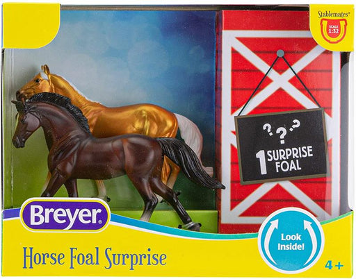 This set features a Palomino Thoroughbred and a Bay Warmblood, and their foal remains hidden in its stall until you open the package!