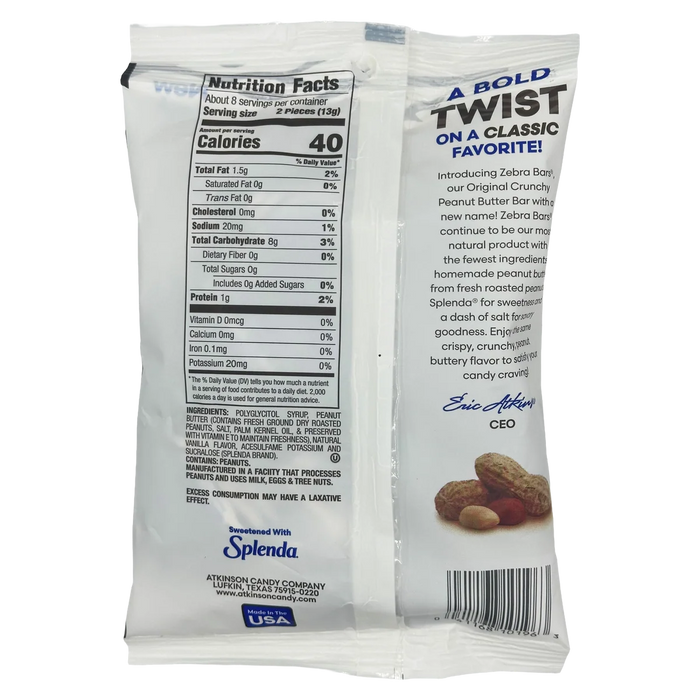 Atkinson Zebra Peanut Butter Bars Sugar Free Candy