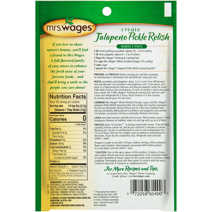 Mrs. Wages Jalapeño Relish Mix - Home Canning Seasoning for Spicy Pepper Relish