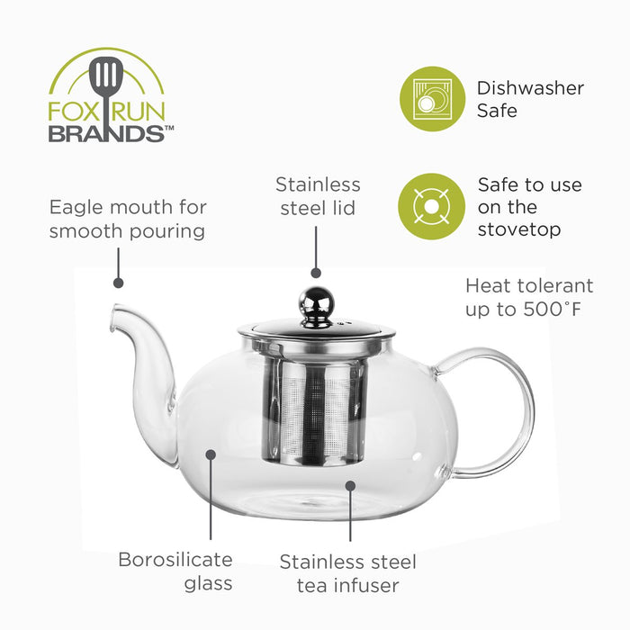 Fox Run Glass Teapot with Infuser – 4 Cup Loose Leaf Tea Pot