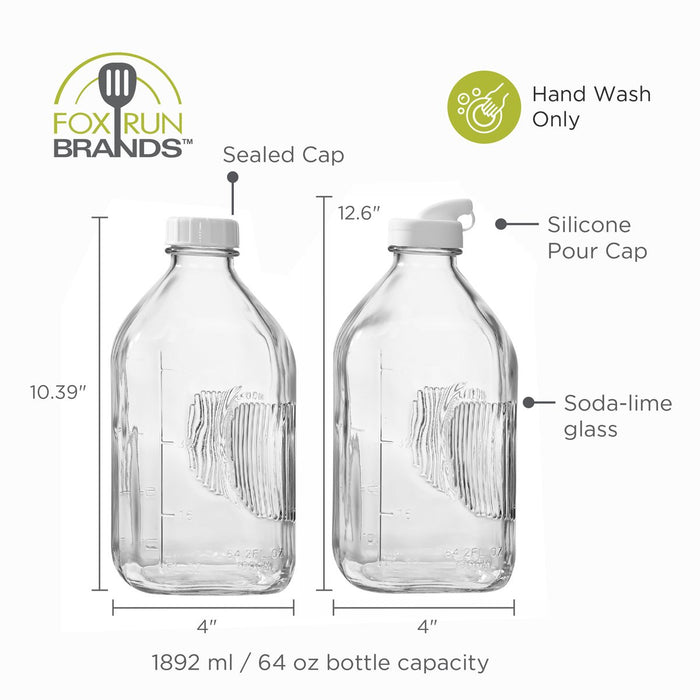 Fox Run Glass Milk Bottles with Silicone Lids – 64 oz, Set of 2
