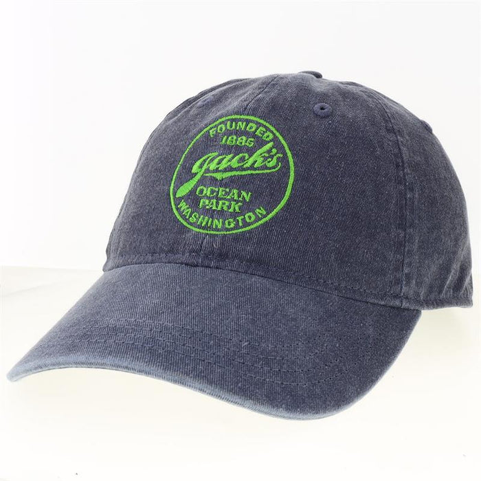 Jack's Country Store Logo Hat - Navy Blue Baseball Cap with Bright Green Embroidery
