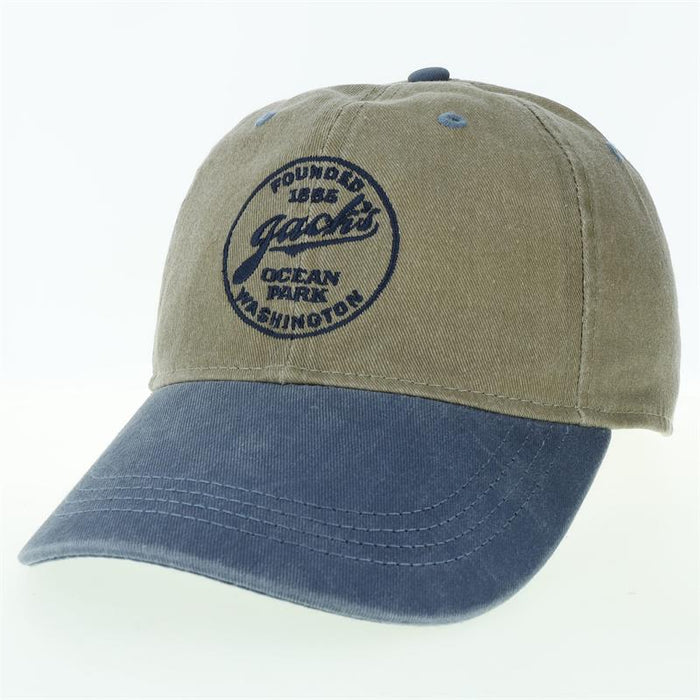 Jack's Country Store Logo Hat - Khaki Baseball Cap with Denim Blue Embroidery