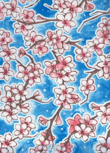 Fuji Cherry Blossom on Blue Oilcloth Fabric by the Yard - 47.5" Wide