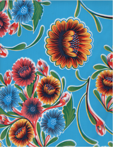 Blooms on Light Blue Oilcloth Fabric by the Yard - 47.5" Wide
