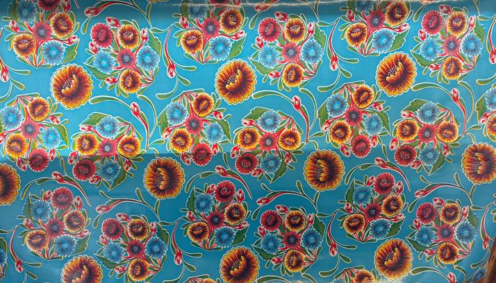 Blooms on Light Blue Oilcloth Fabric by the Yard - 47.5" Wide