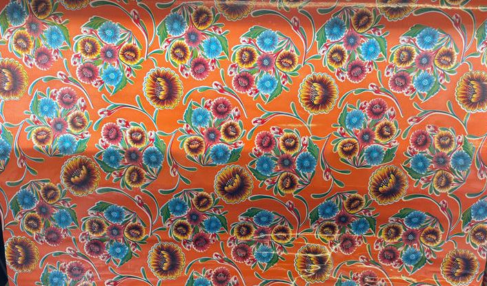 Blooms on Orange Oilcloth Fabric Full Bolt - 12 Continuous Yards, 47.5" Wide