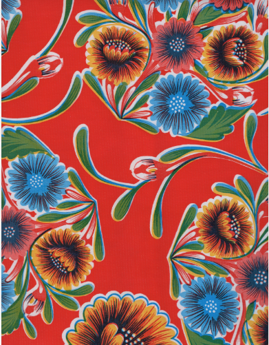 Blooms on Red Oilcloth Fabric by the Yard - 47.5" Wide