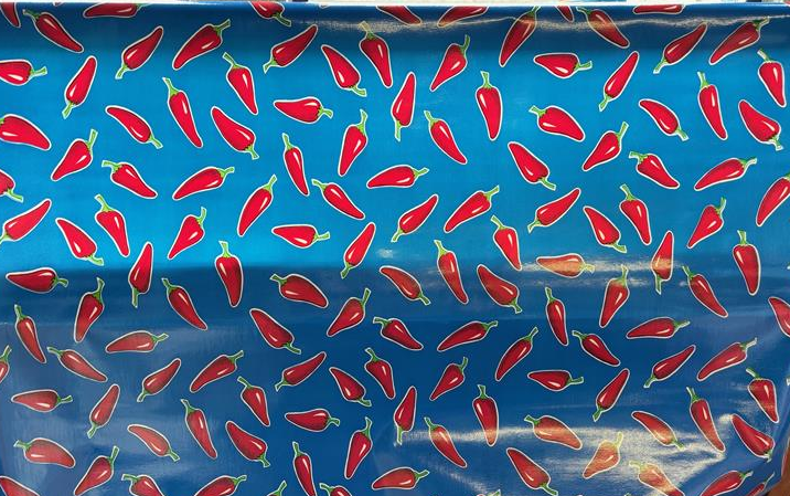 Chilis Red on Blue Oilcloth Fabric Full Bolt - 12 Continuous Yards, 47.5" Wide