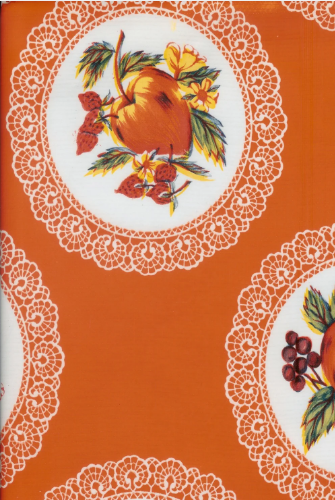 Doily with Fruit on Orange Oilcloth Fabric by the Yard, 47.5" Wide