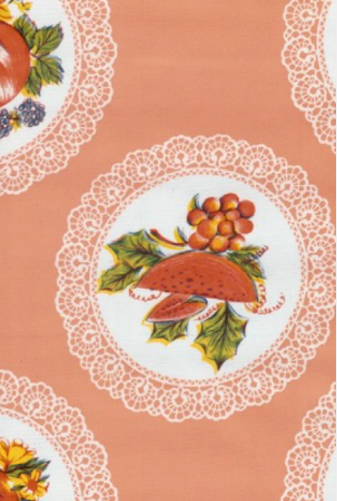 Doily with Fruit on Salmon Pink Oilcloth Fabric Full Bolt - 12 Continuous Yards, 47.5" Wide
