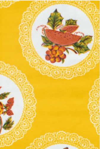 Doily with Fruit on Yellow Oilcloth Fabric by the Yard, 47.5" Wide