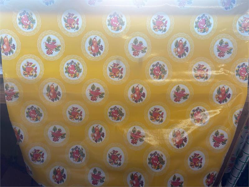 Doily with Fruit on Yellow Oilcloth Fabric by the Yard, 47.5" Wide