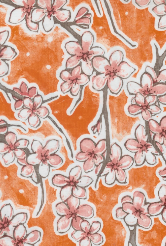 Fuji Cherry Blossom on Orange Oilcloth Fabric by the Yard - 47.5" Wide