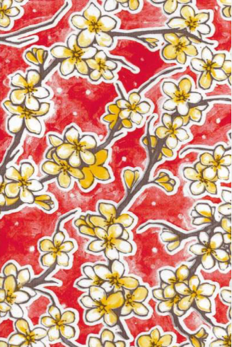 Fuji Cherry Blossom on Red Oilcloth Fabric by the Yard - 47.5" Wide