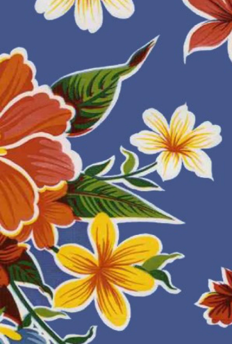 Hibiscus on Blue Oilcloth Fabric by the Yard - 47.5" Wide