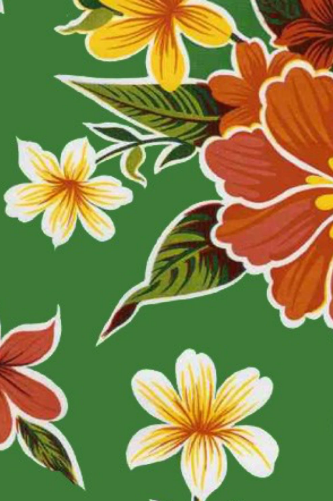 Hibiscus on Green Oilcloth Fabric Full Bolt - 12 Continuous Yards, 47.5" Wide