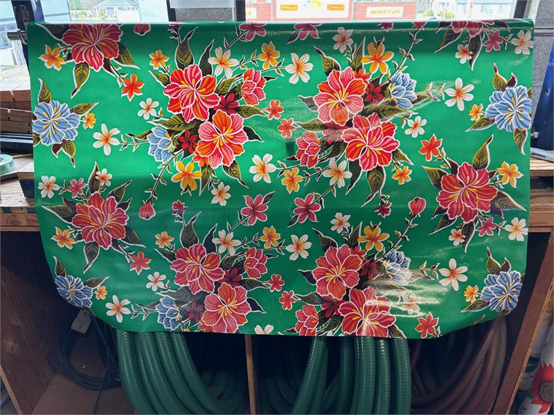 Hibiscus on Green Oilcloth Fabric Full Bolt - 12 Continuous Yards, 47.5" Wide