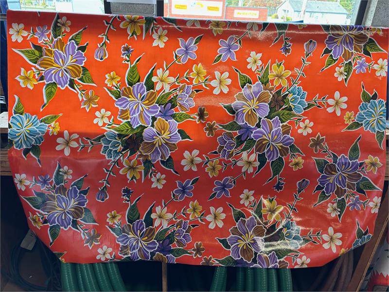 Hibiscus on Orange Oilcloth Fabric Full Bolt - 12 Continuous Yards, 47.5" Wide