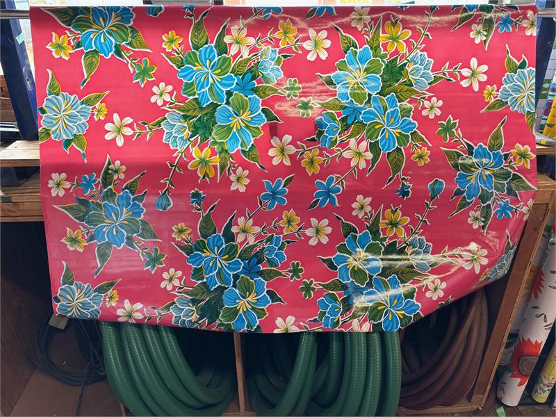Hibiscus on Pink Oilcloth Fabric Full Bolt - 12 Continuous Yards, 47.5" Wide