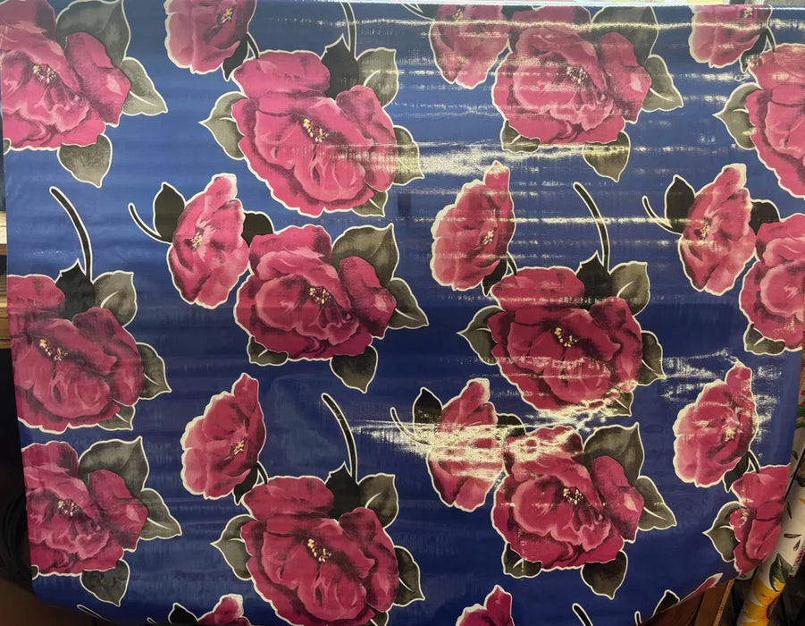 Iceland Fuchsia on Blue Oilcloth Fabric Full Bolt - 12 Continuous Yards, 47.5" Wide