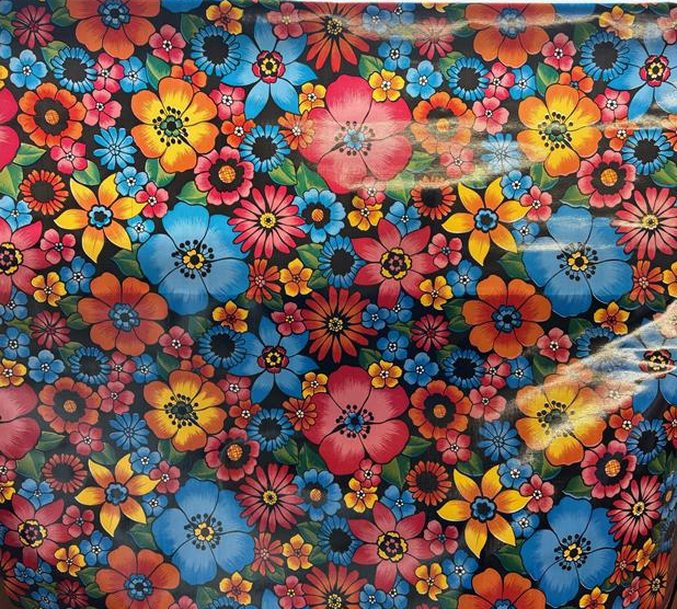 London Floral on Black Oilcloth Fabric Full Bolt - 12 Continuous Yards, 47.5" Wide