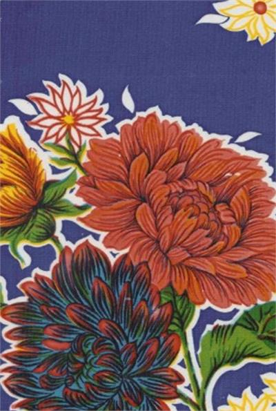 Mums on Blue Oilcloth Fabric by the Yard - 47.5" Wide