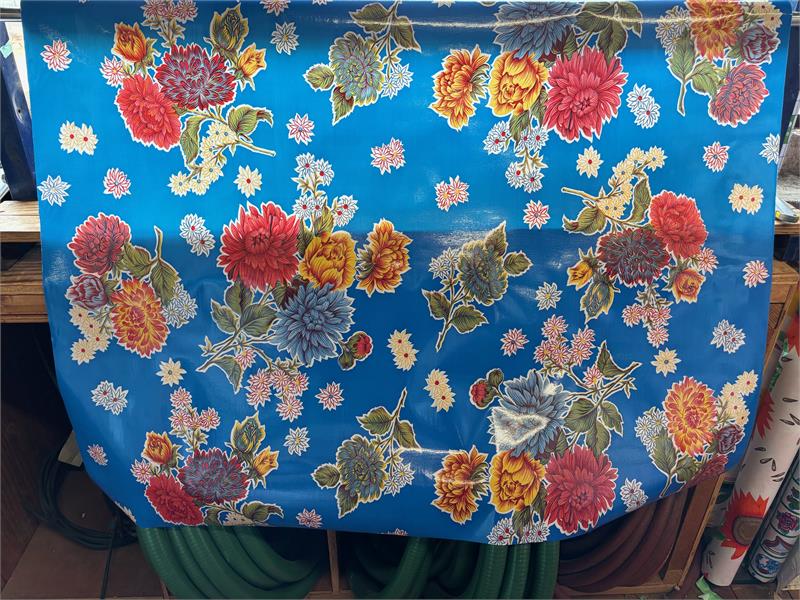 Mums on Blue Oilcloth Fabric by the Yard - 47.5" Wide