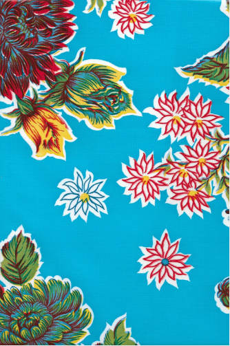 Mums on Light Blue Oilcloth Fabric by the Yard - 47.5" Wide