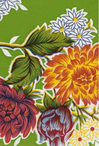 Mums on Green Oilcloth Fabric by the Yard - 47.5" Wide