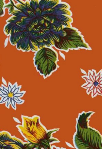 Mums on Orange Oilcloth Fabric by the Yard - 47.5" Wide