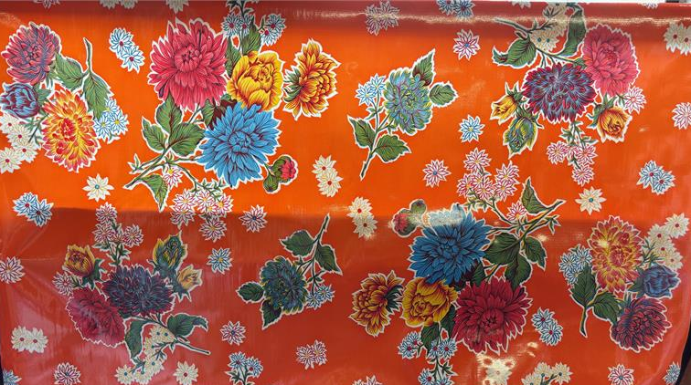 Mums on Orange Oilcloth Fabric by the Yard - 47.5" Wide