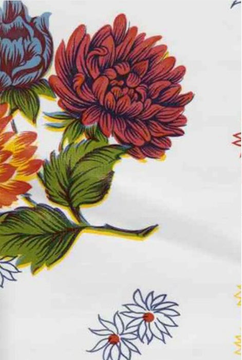 Mums on White Oilcloth Fabric Full Bolt - 12 Continuous Yards, 47.5" Wide