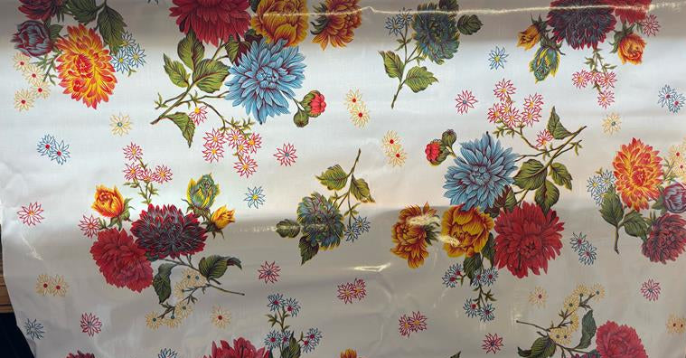 Mums on White Oilcloth Fabric Full Bolt - 12 Continuous Yards, 47.5" Wide