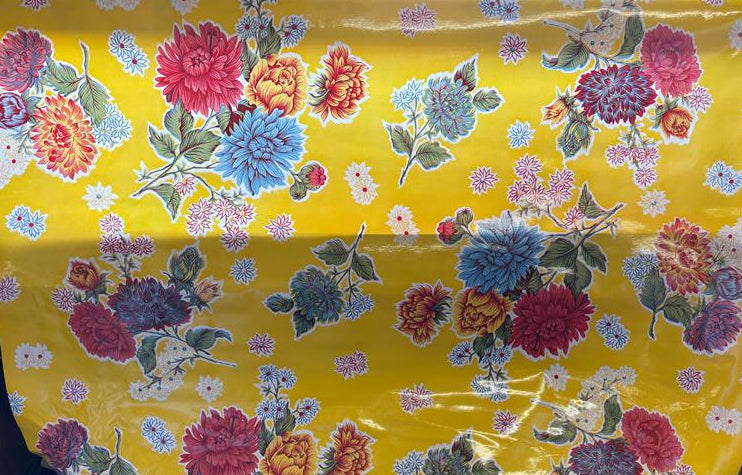 Mums on Yellow Oilcloth Fabric by the Yard - 47.5" Wide