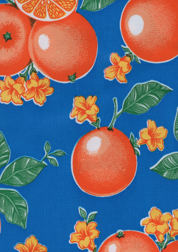 Oranges on Blue Oilcloth Fabric Full Bolt - 12 Continuous Yards, 47.5" Wide