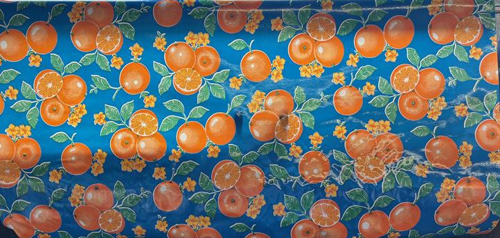 Oranges on Blue Oilcloth Fabric Full Bolt - 12 Continuous Yards, 47.5" Wide