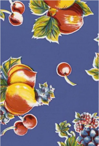 Pears and Apples on Blue Oilcloth Fabric Full Bolt - 12 Continuous Yards, 47.5" Wide