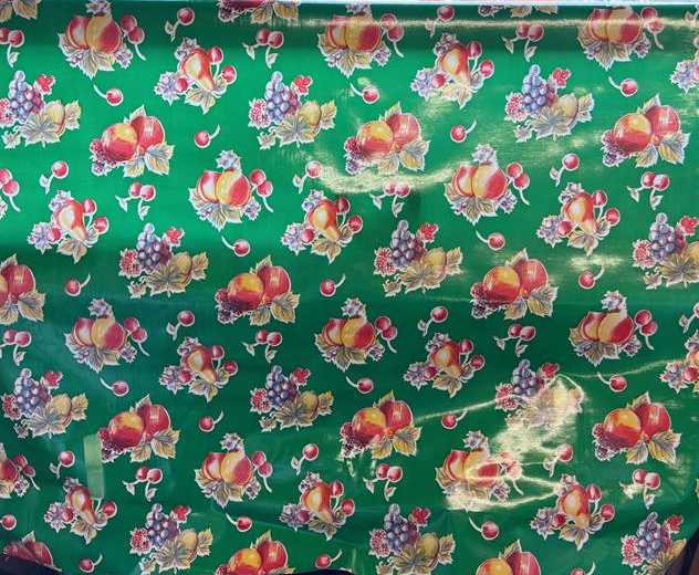 Pears and Apples on Green Oilcloth Fabric Full Bolt - 12 Continuous Yards, 47.5" Wide