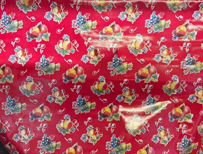 Pears and Apples on Red Oilcloth Fabric Full Bolt - 12 Continuous Yards, 47.5" Wide