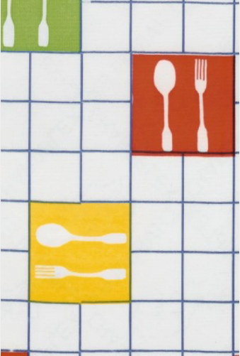 Picnic Forks on White Oilcloth Fabric Full Bolt - 12 Continuous Yards, 47.5" Wide