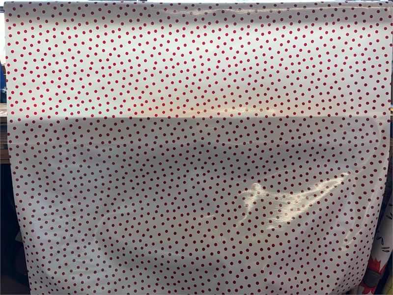 Red Polka Dots on White Oilcloth Fabric Full Bolt - 12 Continuous Yards, 47.5" Wide