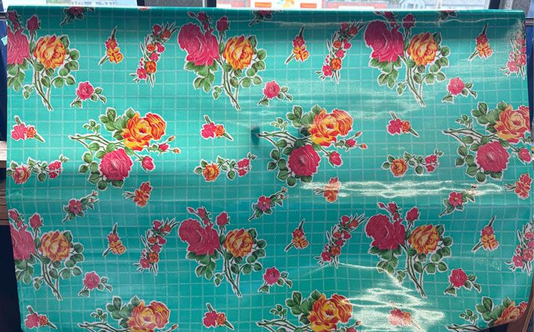 Rosegall on Aqua Floral Oilcloth Fabric by the Yard - 47.5" Wide