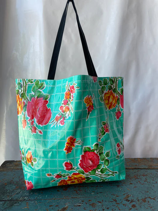 Rosegall on Aqua Floral Oilcloth Fabric by the Yard - 47.5" Wide