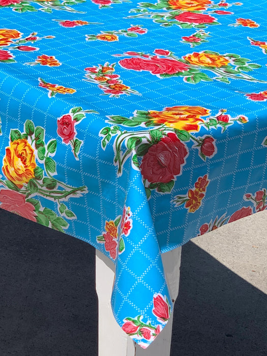 Rosegall on Blue Oilcloth Fabric Full Bolt - 12 Continuous Yards, 47.5" Wide