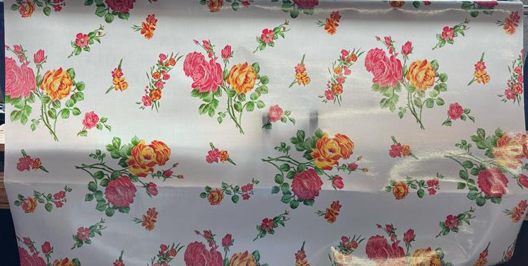Rosegall on White Oilcloth Fabric Full Bolt - 12 Continuous Yards, 47.5" Wide